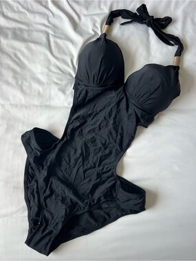 Colloyes NWT Eternatastic Black Halter One-Piece Swimsuit w/Gold Detail &Cutouts